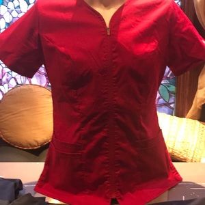 Bright Red, full zip, sweetheart neck scrub top
